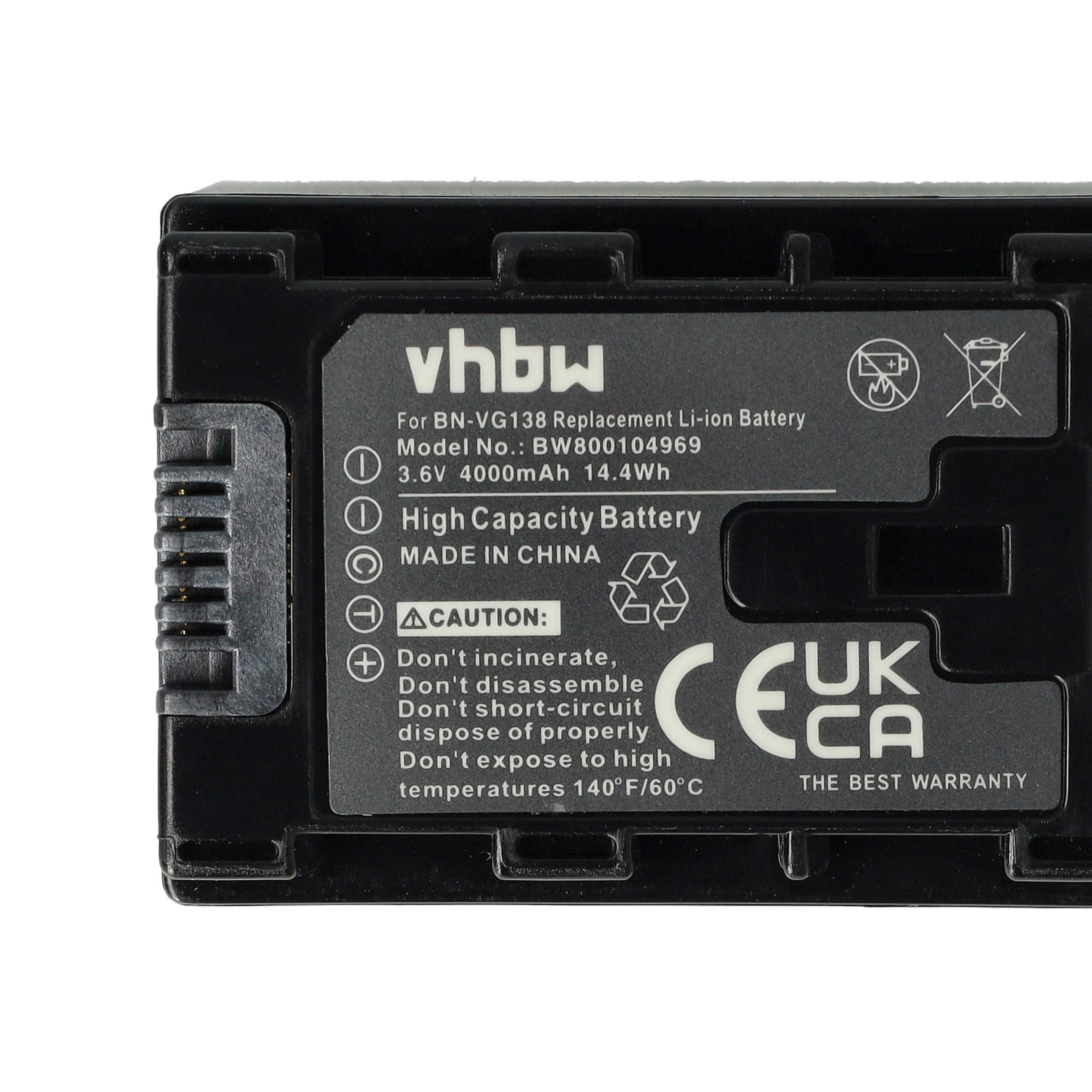 Videocamera Battery replaces JVC BN-VG138SU, BN-VG138, BN-VG138E, BN-VG138AC - 4000 mAh 3.6 V Li-Ion