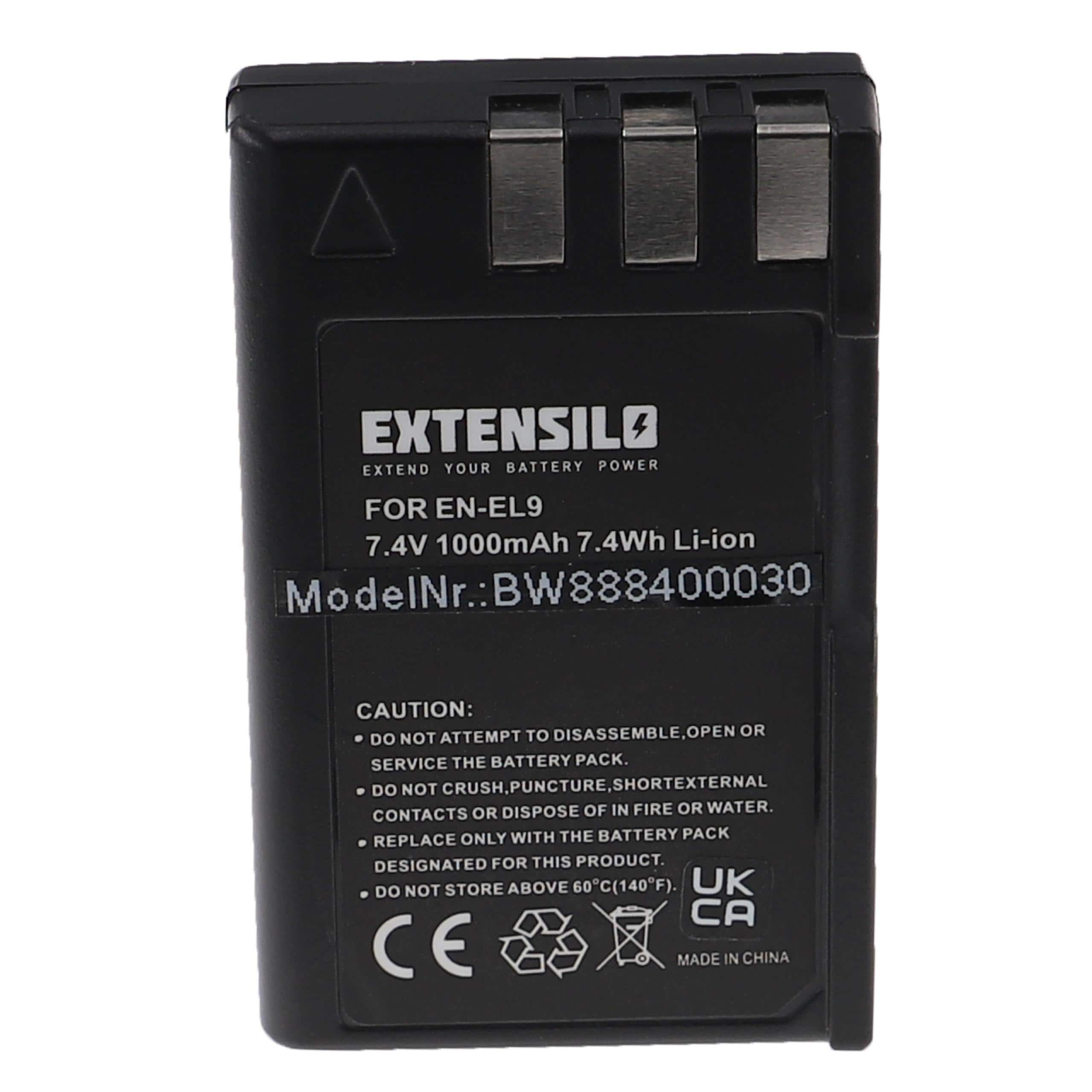 Batterie remplace Nikon EN-EL9E, EN-EL9 pour appareil photo - 1000mAh 7,4V Li-ion