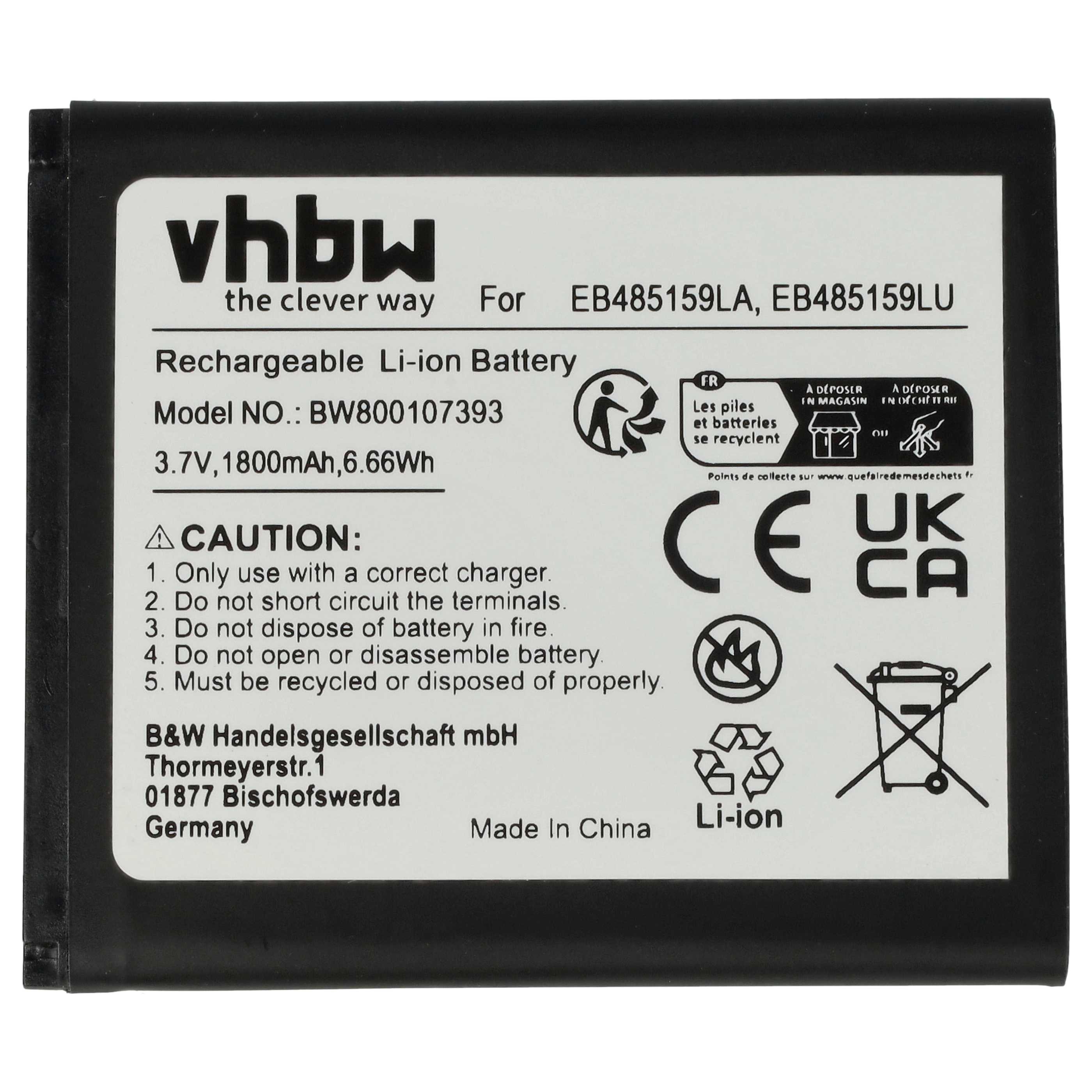 Mobile Phone Battery Replacement for Samsung EB485159LU, EB485159LA - 1800 mAh 3.7 V Li-Ion