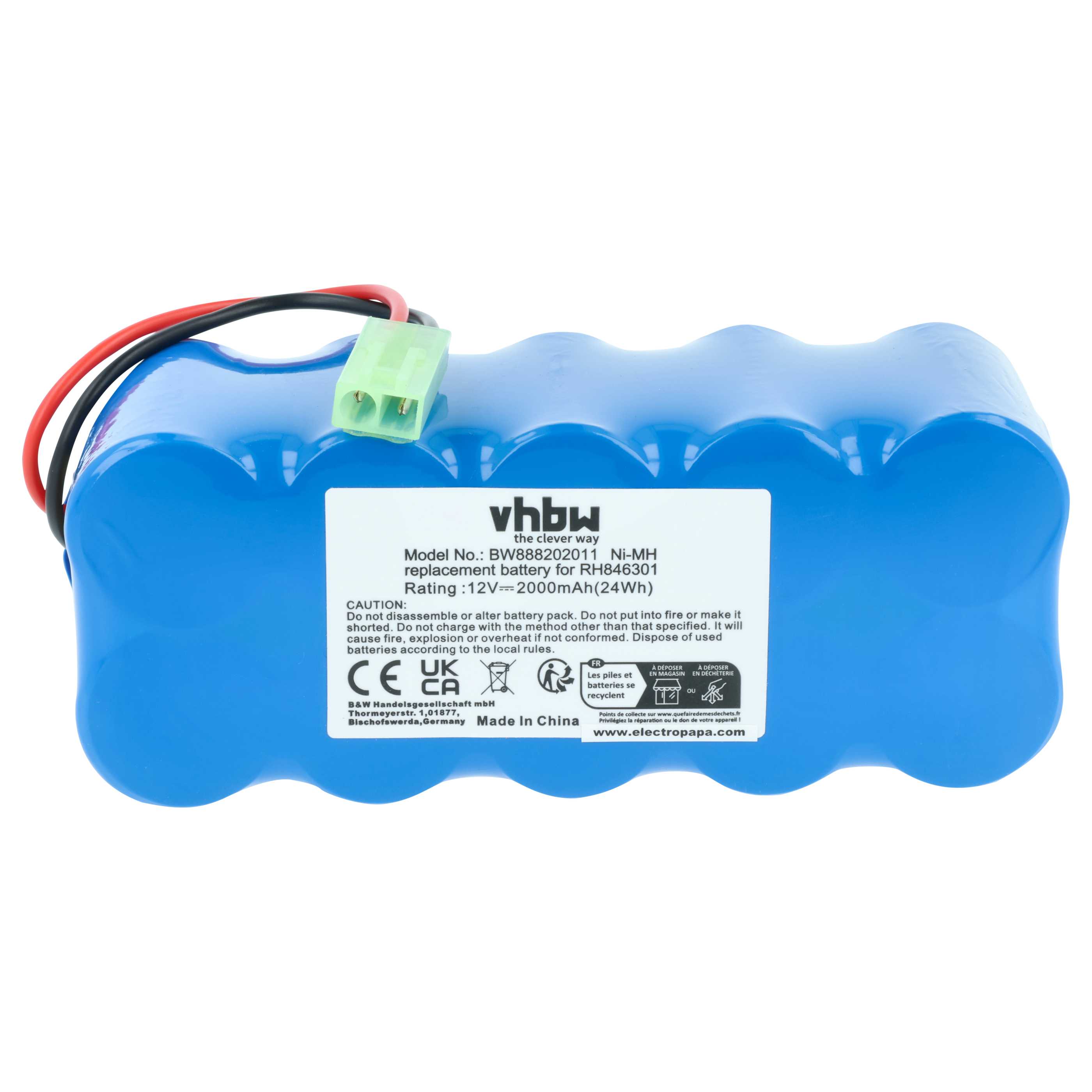 Battery replaces Rowenta RH5488, RD-ROW12VA for Tefal etc. 2000mAh, 12V, NiMH