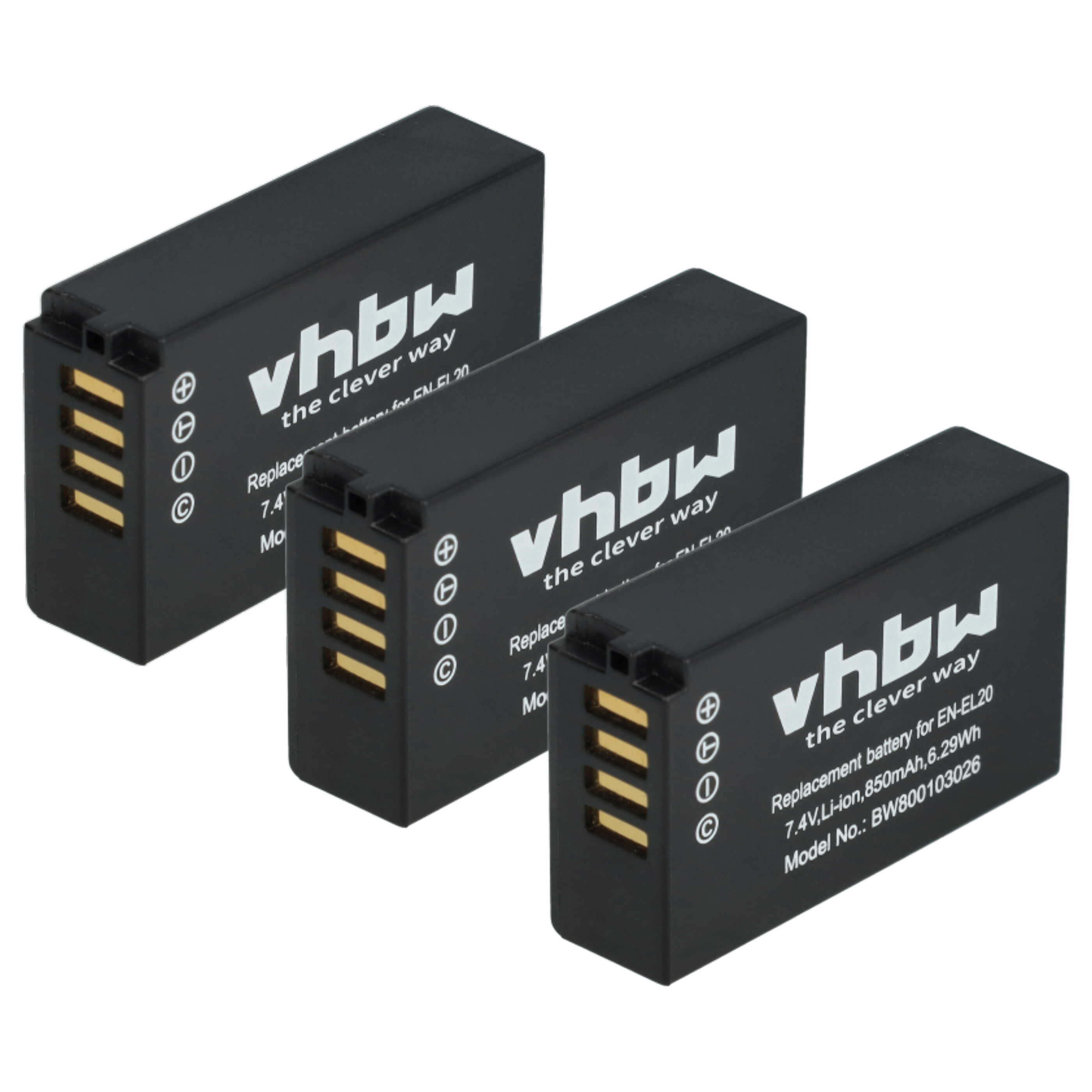 3x Battery replaces Nikon EN-EL20a, EN-EL20 - 850mAh, 7.4V, Li-Ion