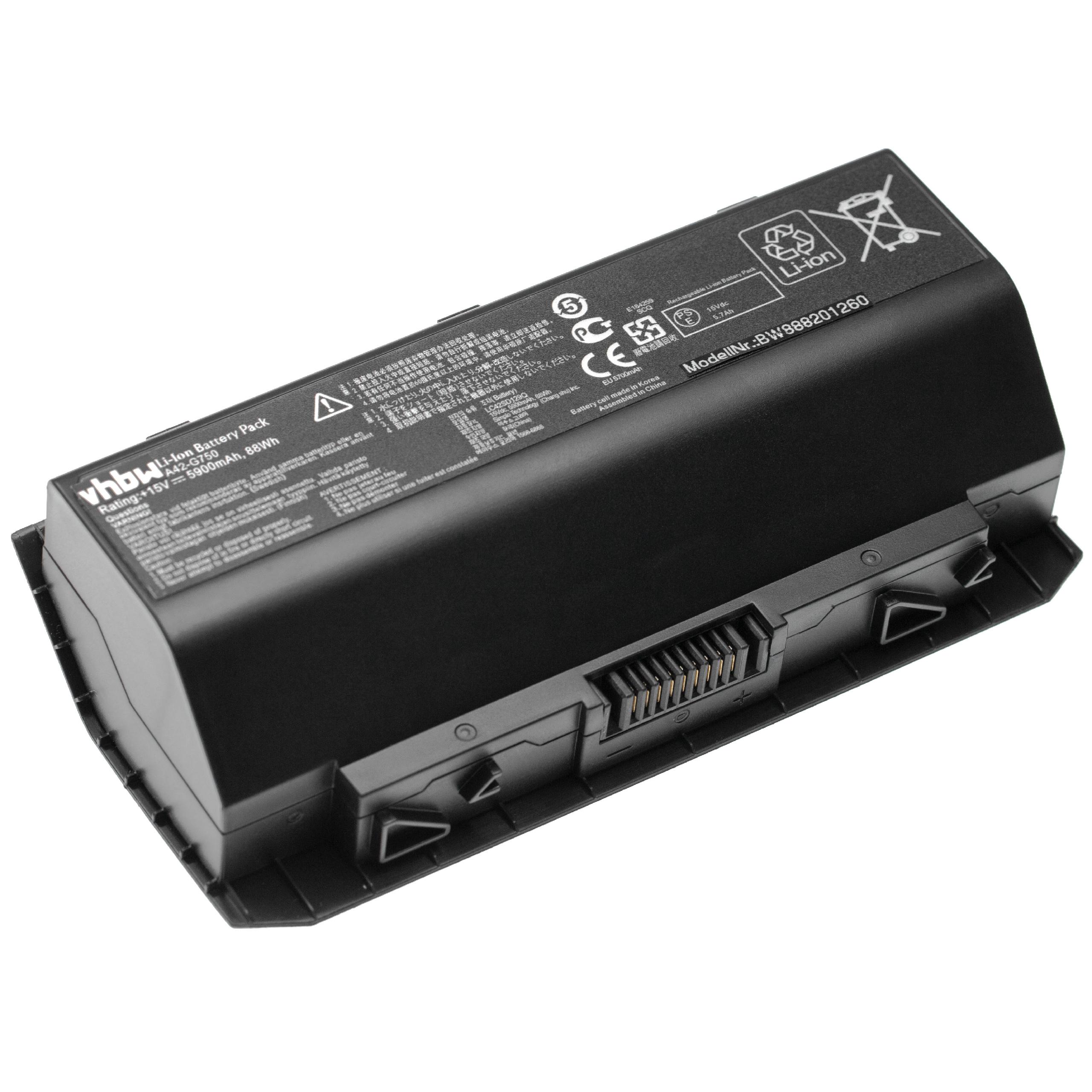 Batería reemplaza Asus A42-G750 para notebook Asus - 5900 mAh 15 V Li-poli negro
