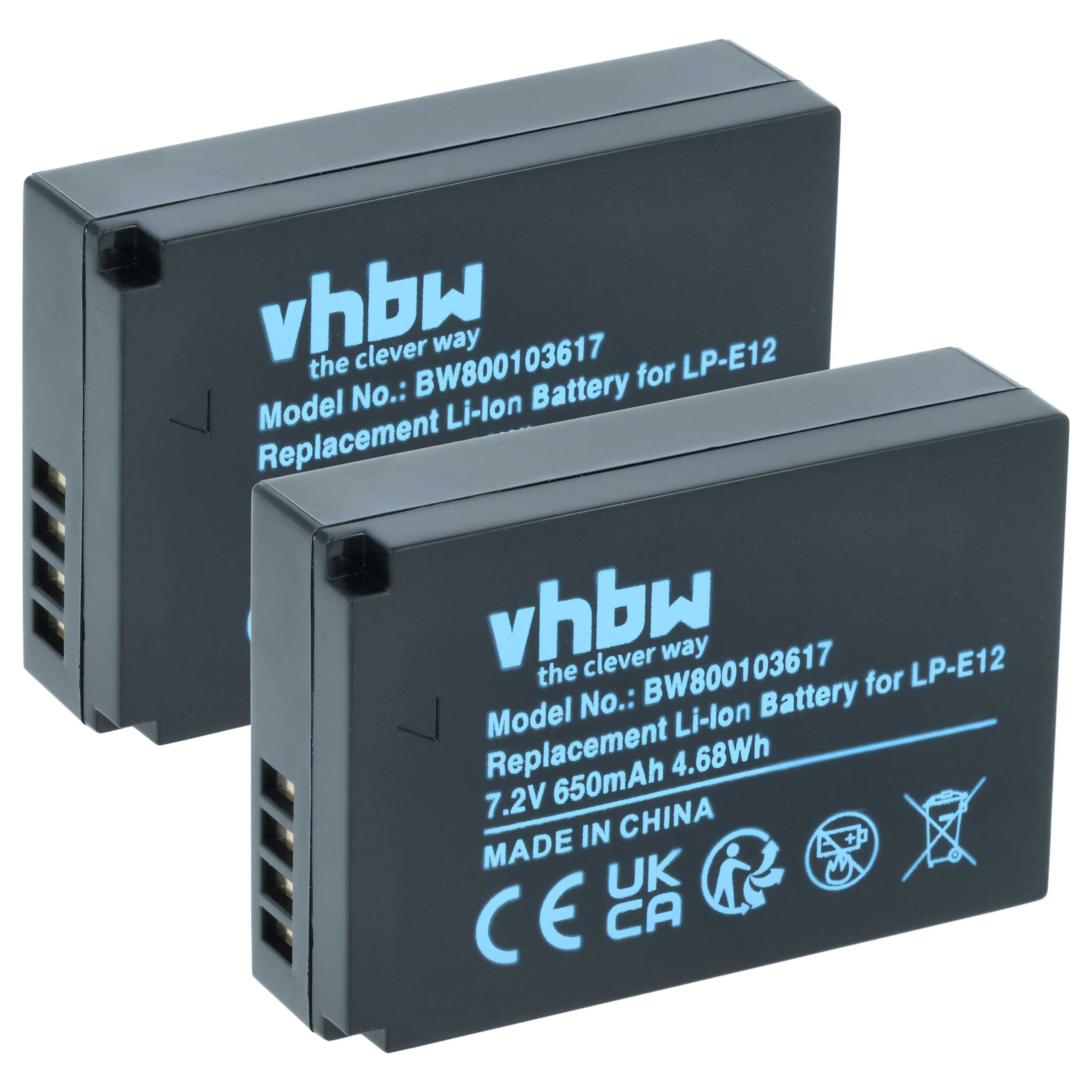 2x Battery replaces Canon LP-E12 - 650mAh, 7.2V, Li-Ion