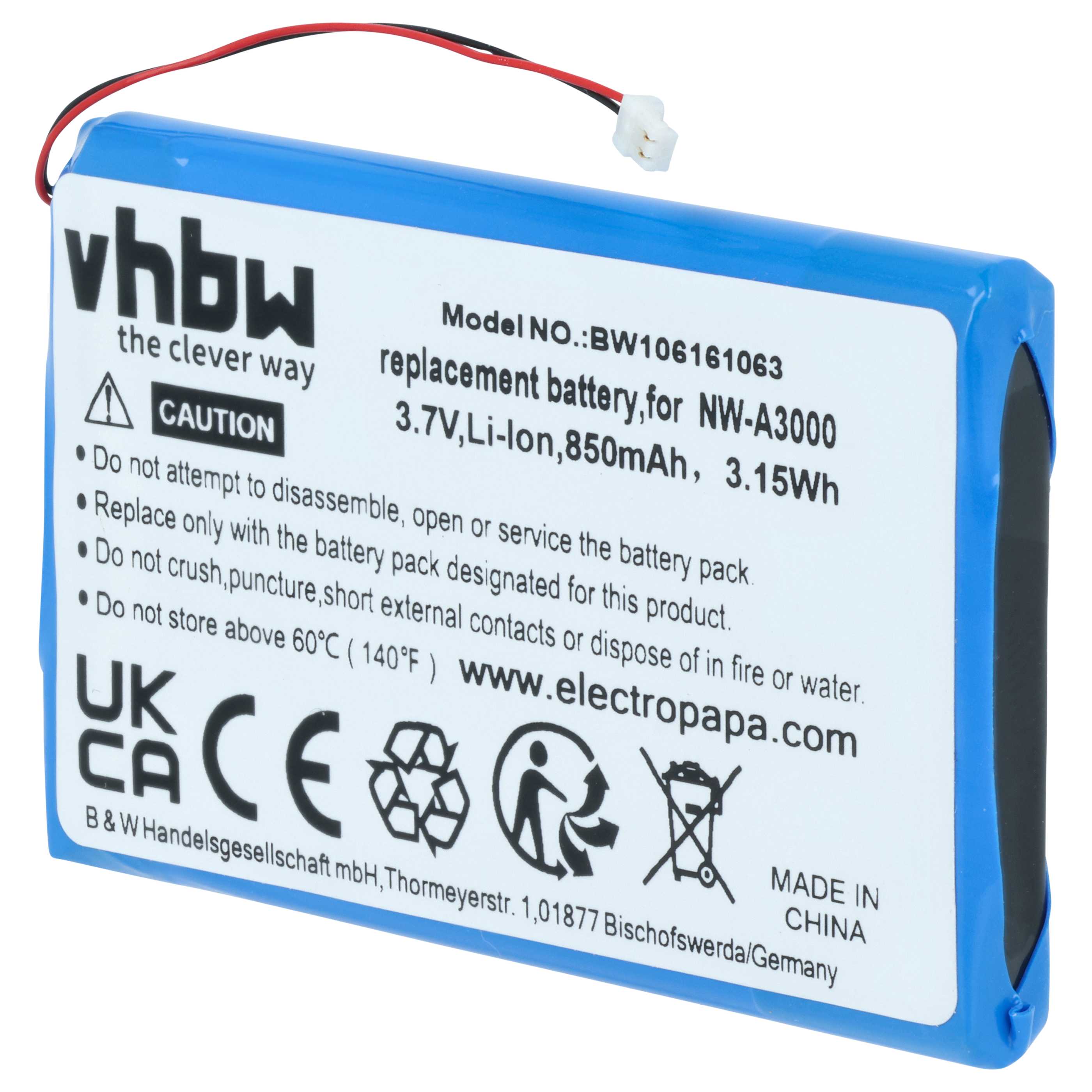 MP3-Player Battery replaces Sony LIS1356HNPA, 1-756-608-21, 5Y30A1697 - 850 mAh 3.7 V Li-Ion